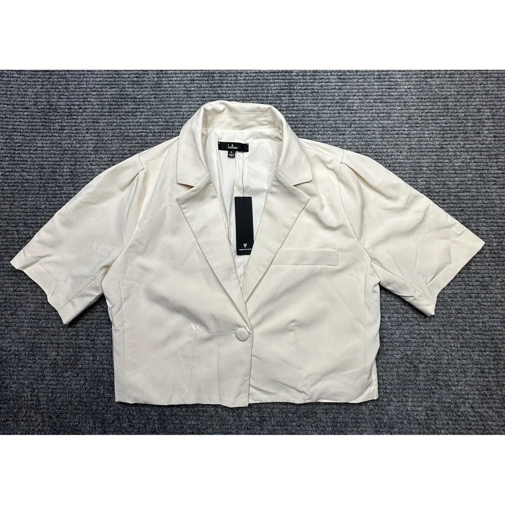 Lulus Blazer‎ Womens Small Beige Cropped Short Sleeve One Button Lined Jacket